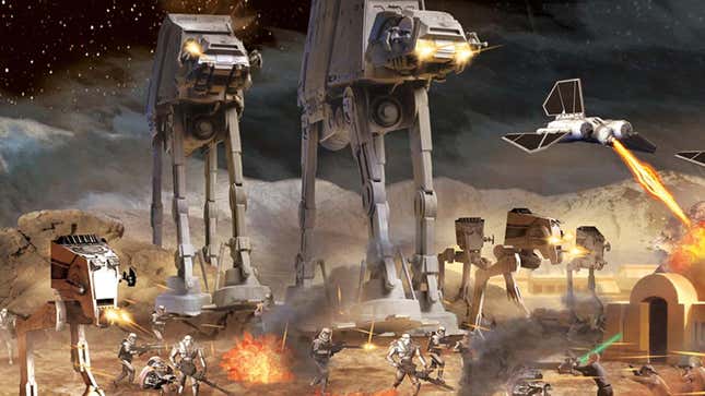 AT-ATs, AT-STs and Stormtroopers attack a small village and a lone Jedi. 