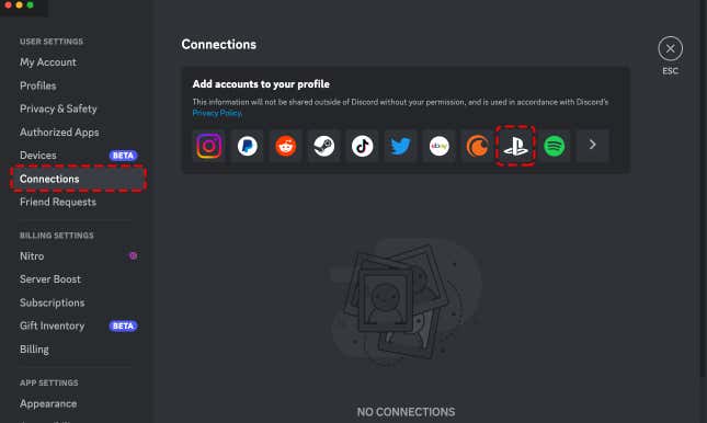 Una captura de pantalla muestra la interfaz de Discord para conectarse a PlayStation. 