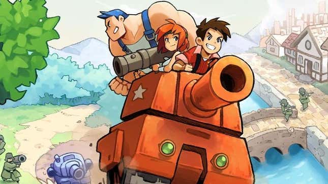 Advance Wars characters ride in an orange tank away from the Blue Army. 