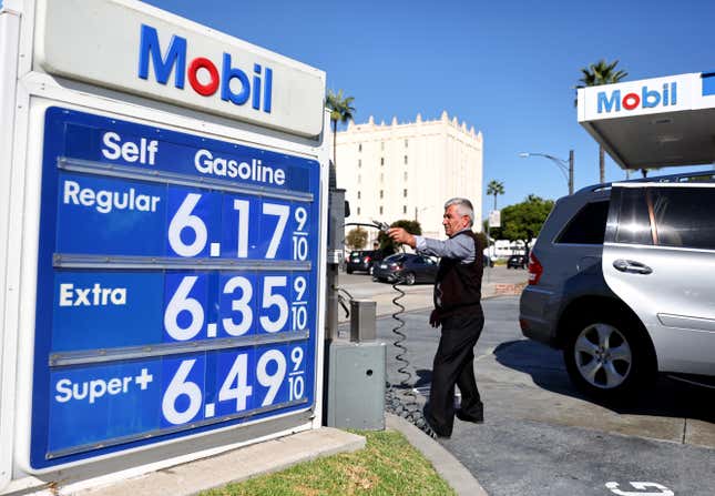 Gas prices are displayed at a Mobil gas station on October 28, 2022 in Los Angeles, California.