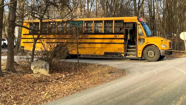 A Pleasant Valley School District school bus makes its afternoon drop-off in an old neighborhood in Effort, Pennsylvania,