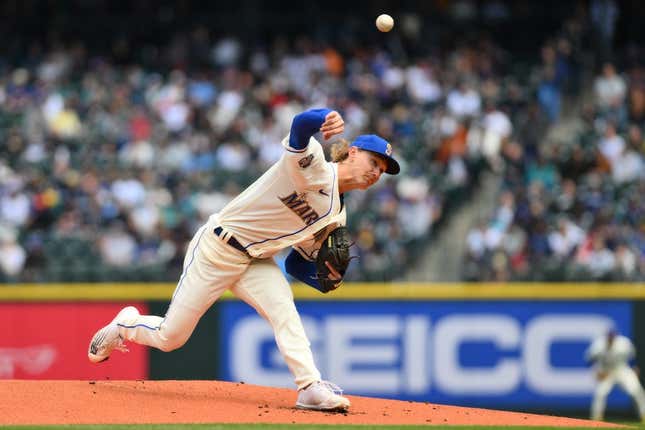 May 7, 2023; Seattle, Washington, USA; Seattle Mariners starting pitcher Bryce Miller (50) throws a pitch against the Houston Astros during the first inning at T-Mobile Park.