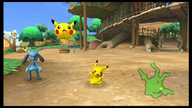 Pikachu is seen waving at the camera with Riolu standing next to him.