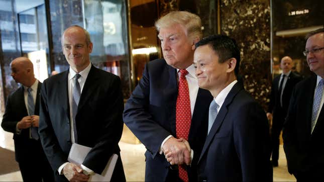 DATE IMPORTED:January 09, 2017U.S. President-elect Donald Trump shakes hands with and Alibaba executive chairman Jack Ma after their meeting at Trump Tower in New York, U.S., January 9, 2017.