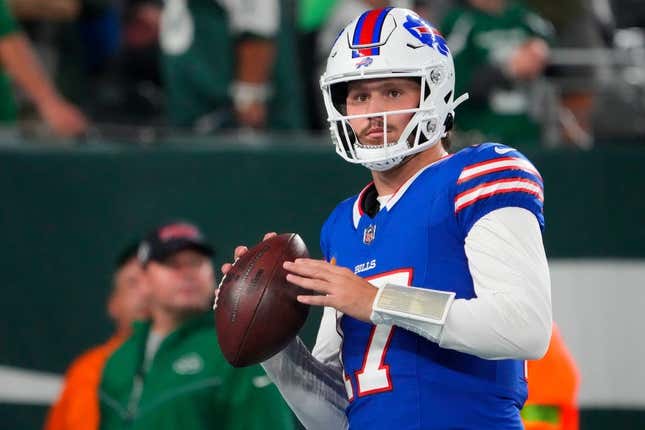 Sep 11, 2023; East Rutherford, New Jersey, USA; Buffalo Bills quarterback Josh Allen (17) looks on before the game against the New York Jets at MetLife Stadium.