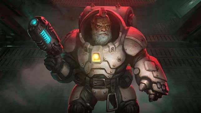 A dwarf in power armor hoists up a blue-glowing sci-fi pistol in art announcing the latest Warhammer 40,000 faction, the Leagues of Votann.