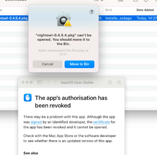 The NightOwl app’s certificate has been revoked, meaning users can no longer open it. That being said, you could delete the app from your Mac as soon as possible.