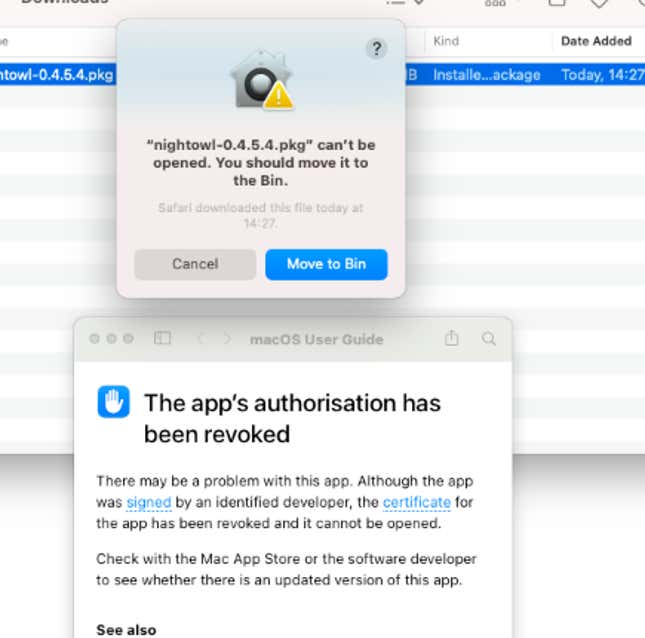 Das Zertifikat der NightOwl-App wurde widerrufen, sodass Benutzer es nicht mehr öffnen können.  Allerdings können Sie die App so schnell wie möglich von Ihrem Mac löschen.