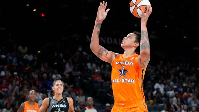 Phoenix Mercury’s Brittney Griner, of Team Stewart, shoots against Team Wilson during the second half of a WNBA All-Star basketball game Saturday, July 15, 2023, in Las Vegas.