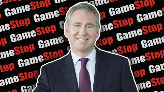 Citadel Security CEO Kenneth Griffin poses in front of a photoshopped background of GameStop logos.