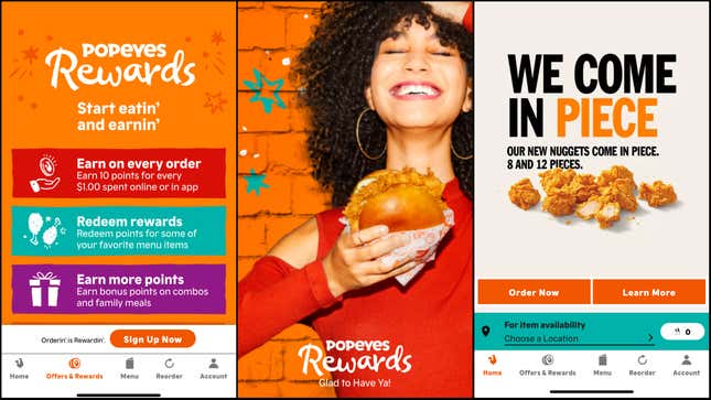 Three screenshots from Popeyes mobile app