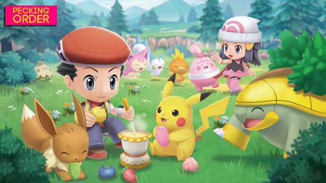 Two Pokémon trainers hang out with Pokémon in BDSP on Nintendo Switch.
