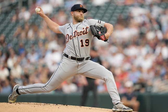 Jun 16, 2023; Minneapolis, Minnesota, USA; Detroit Tigers relief pitcher Will Vest (19) pitches in the first inning against the Minnesota Twins at Target Field.