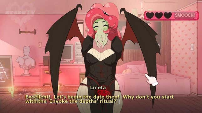 A cute Cthulhu-looking woman with black bat wings and pink hair smiles and asks you to begin a ritual.