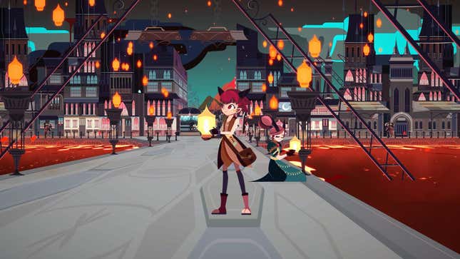 Cris Tales' time mage holds up a lantern in the middle of a city street.