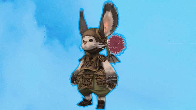 A rabbit-eared Moogle stands in front of a light blue background.