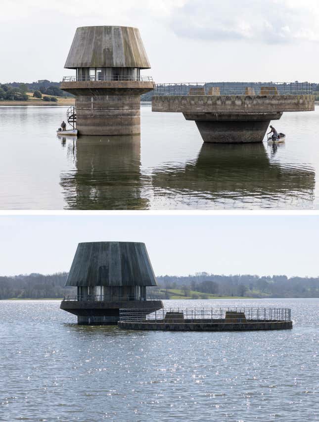 Overflow towers at the Bewl Water reservoir between Kent and East Sussex in late July 2022 versus early April 2023. 