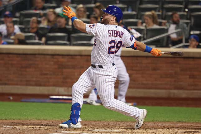 Aug 28, 2023; New York City, New York, USA; New York Mets right fielder DJ Stewart (29) hits a solo home run during the fifth inning against the Texas Rangers at Citi Field.