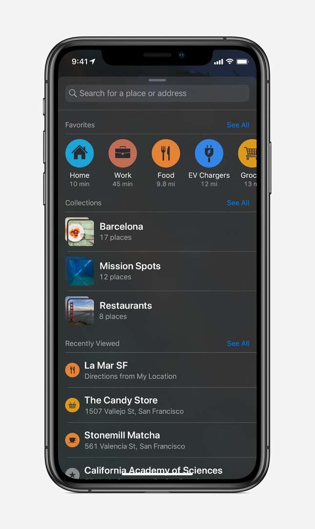 Dark Mode on the new Maps app in iOS 13.