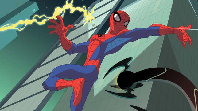 Promotional art for The Spectacular Spider-Man, featuring Spider-Man fighting Doc Ock and Electro. 