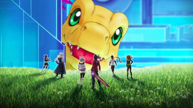A montage shows the cast of Xenoblade Chronicles looking over the horizon toward a massive Agumon.