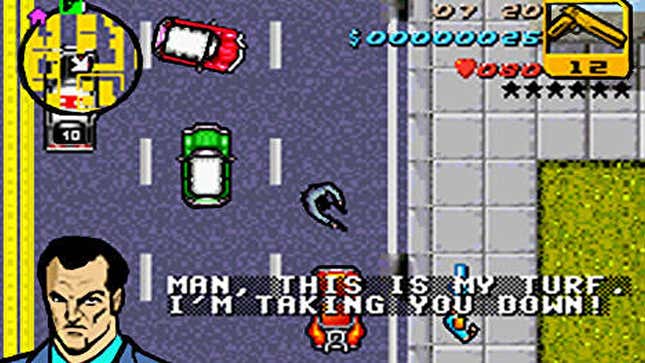 A screenshot shows a man with a gun in GTA Advance. 