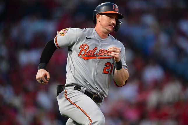 Sep 4, 2023; Anaheim, California, USA; Baltimore Orioles left fielder Austin Hays (21) hits an RBI double against the Los Angeles Angels during the third inning at Angel Stadium.