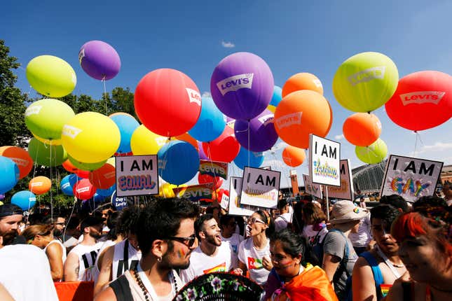 Revellers take part in the Gay Pride parade in Madrid