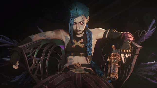 An Arcane screenshot shows Jinx sitting in a chair. 