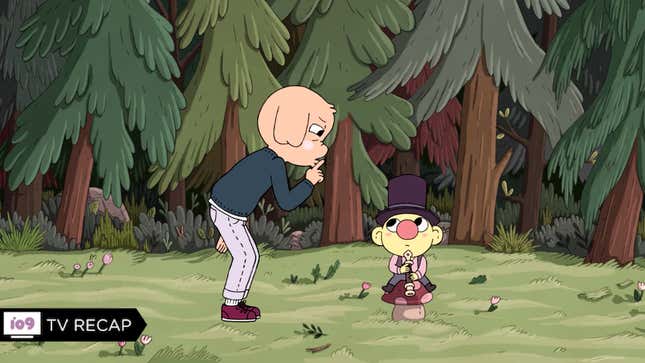Summer Camp Island's animated Oscar shooshes an elf playing a recorder to keep the noise down.
