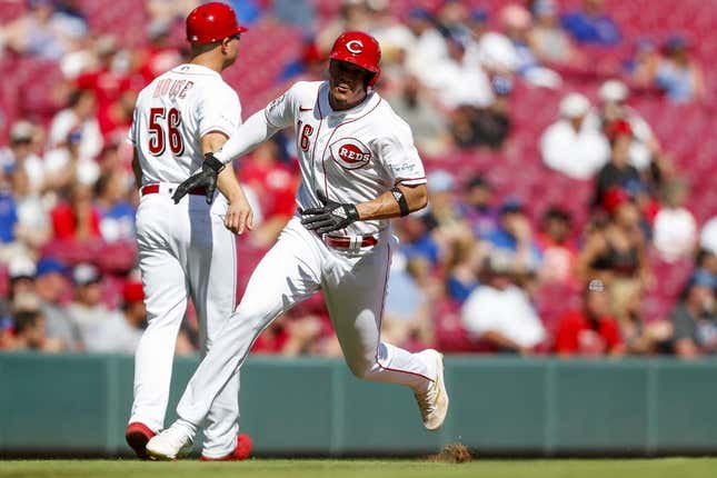 Sep 1, 2023; Cincinnati, Ohio, USA; Cincinnati Reds third baseman Noelvi Marte (16) scores on a single hit by Cincinnati Reds pinch hitter Will Benson (not pictured) in the ninth inning against the Chicago Cubs at Great American Ball Park.