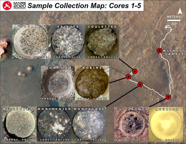 Rock surfaces abraded in circles show where the rover has collected samples.