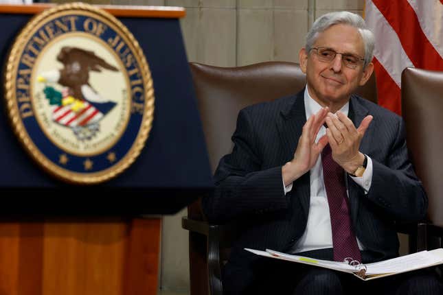  U.S. Attorney General Merrick Garland participates in an event to mark the first anniversary of the COVID-19 Hate Crimes Act at the Department of Justice Robert F. Kennedy Building on May 20, 2022, in Washington, DC.