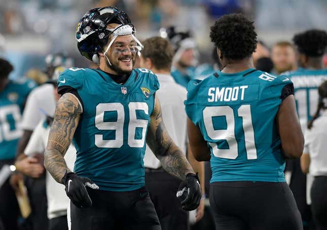 Jacksonville Jaguars defensive end Adam Gotsis (96) and defensive end Dawuane Smoot (91) talk on the sidelines during late fourth quarter action. The Jacksonville Jaguars hosted the Cleveland Browns at TIAA Bank Field in Jacksonville, Florida Friday, August 12, 2022 for the first home preseason game of the season. The Browns won with a final score of 24 to 13. [Bob Self/Florida Times-Union]

Jki 081222 Bs Jags Vs Browns Preseason 25