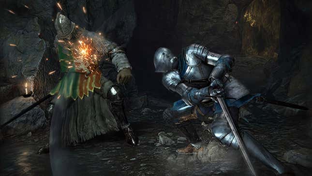 An Elden Ring image showing a silver armored knight fighting who appears to be the Soldier of Godrick—or maybe just a Godrick follower.