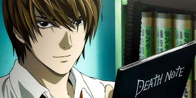 Light Yagami is seen holding the Death Note and smirking at the camera.