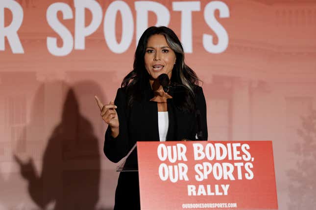 WASHINGTON, DC - JUNE 23: Former U.S. Rep. Tulsi Gabbard (D-HI) speaks at an “Our Bodies, Our Sports” rally to mark the 50th anniversary of Title IX at Freedom Plaza on June 23, 2022, in Washington, DC. The rally, organized by multiple athletic women’s groups, was held to call on U.S. President Joe Biden to put restrictions on transgender females and “advocate to keep women’s sports female.