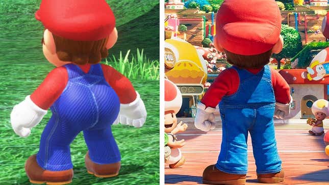 Los cuartos traseros de Mario en Super Mario Odyssey (izquierda) comparados con los de la película (derecha)