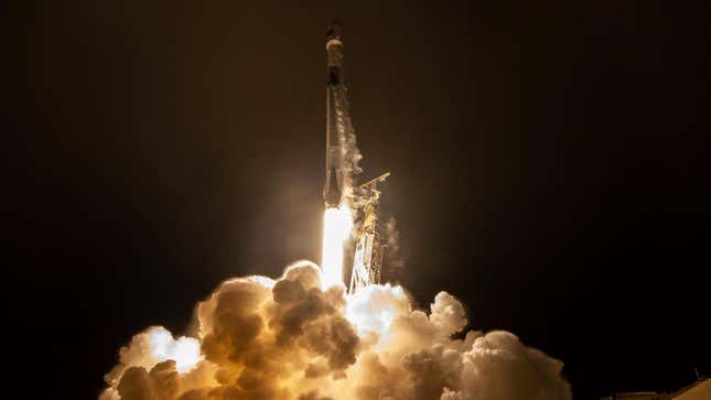 A SpaceX Falcon 9 rocket takes off. 