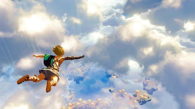 A screenshot of Link skydiving from in the Legend of Zelda Breath of the Wild sequel trailer.