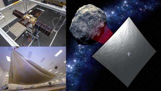 Three images show the small satellite, the stretched-out reflective sail, and an artist's impression of the spacecraft at the asteroid.