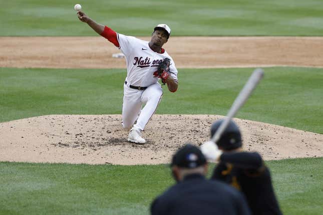 Apr 30, 2023; Washington, District of Columbia, USA; Washington Nationals starting pitcher Josiah Gray (40) pitches against the Pittsburgh Pirates during the third inning at Nationals Park.
