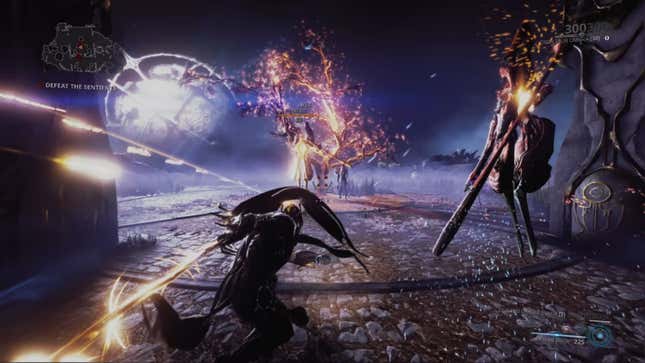 A Warframe fighter battles sentinels with their space swords.