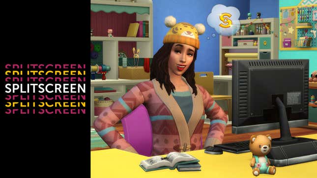 A screenshot from The Sims 4: Nifty Knitting Pack with the Splitscreen podcast logo to the left.