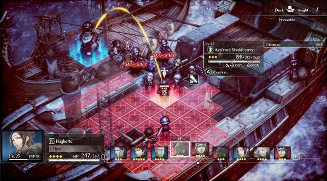 A character considers a move in a strategy game.