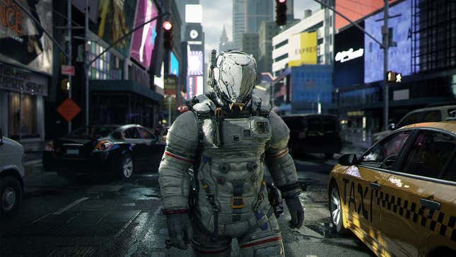 An astronaut strolls through Times Square in Pragmata.
