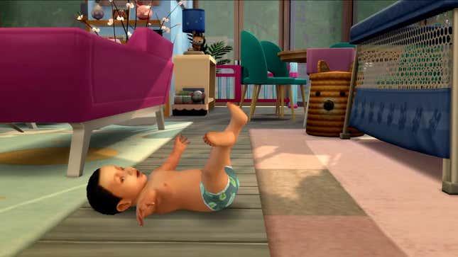 A baby lies on the floor in a sneak peak at an upcoming update for the Sims 4.