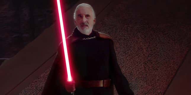 Count Dooku brandishes his red lightsaber and sneers.
