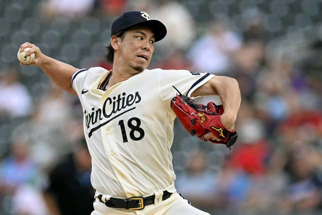 Jul 24, 2023; Minneapolis, Minnesota, USA;  Minnesota Twins pitcher Kenta Maeda (18) delivers a pitch against the Seattle Mariners during the first inning at Target Field.