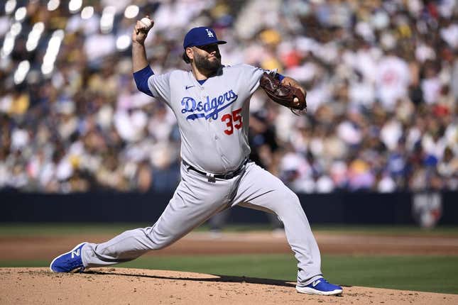 Aug 6, 2023; San Diego, California, USA; Los Angeles Dodgers starting pitcher Lance Lynn (35) throws a pitch against the San Diego Padres during the first inning at Petco Park.
